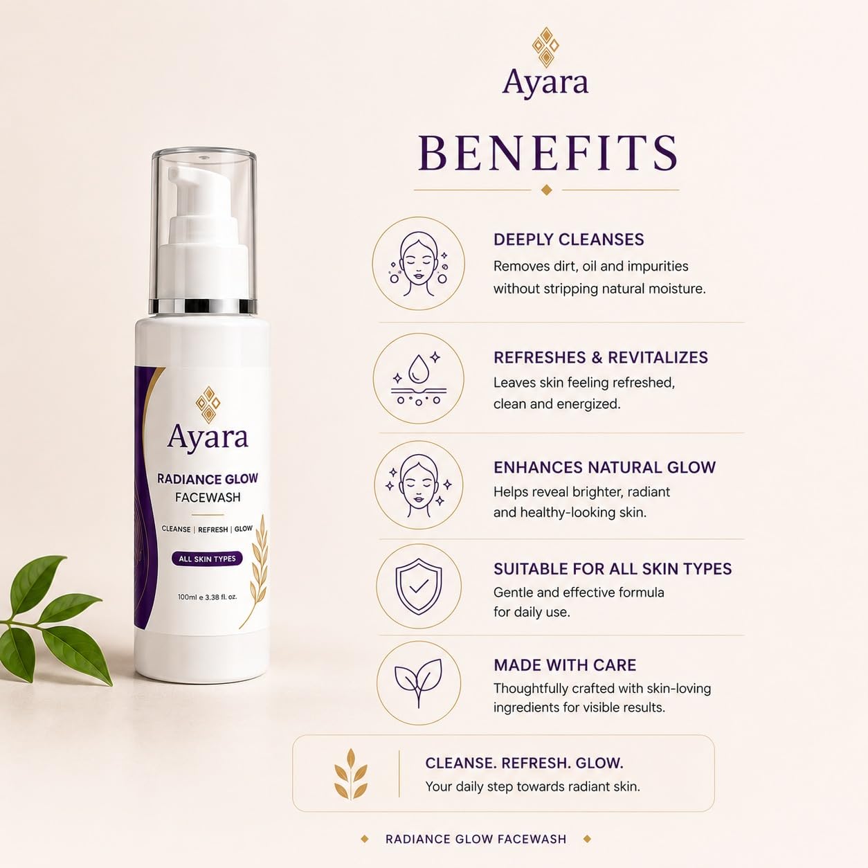 Ayara Radiance Glow Face Wash | Daily Facial Cleanser | All Skin Types | 100 ml
