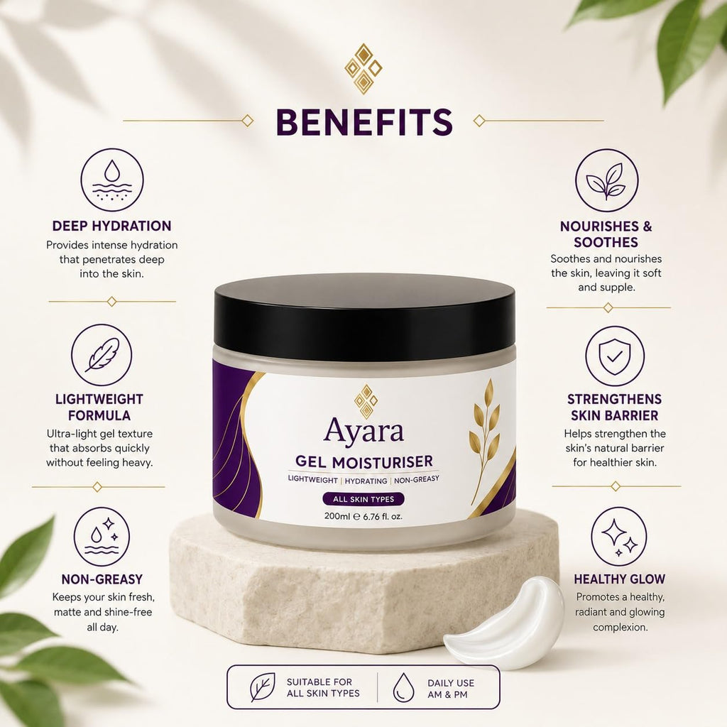 Ayara Gel Moisturiser | Lightweight Daily Face Moisturiser | All Skin Types | 200 ml