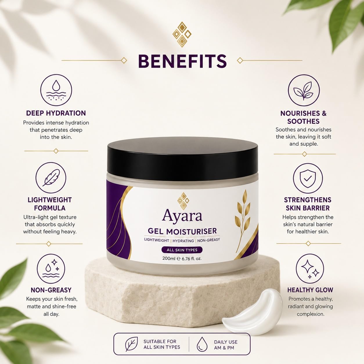 Ayara Gel Moisturiser | Lightweight Daily Face Moisturiser | All Skin Types | 200 ml
