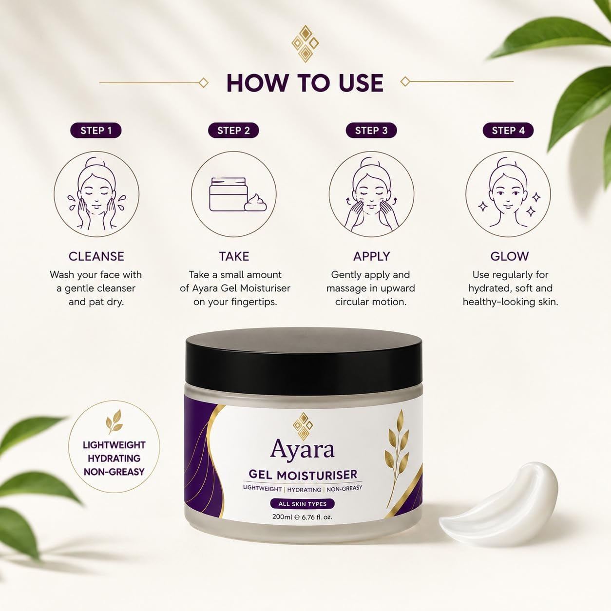 Ayara Gel Moisturiser | Lightweight Daily Face Moisturiser | All Skin Types | 200 ml
