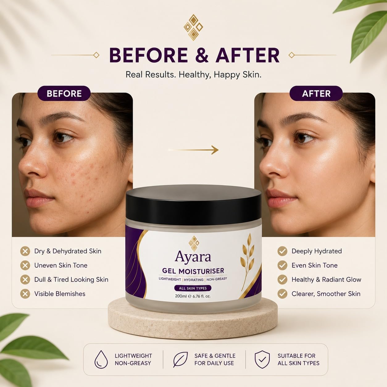 Ayara Gel Moisturiser | Lightweight Daily Face Moisturiser | All Skin Types | 200 ml