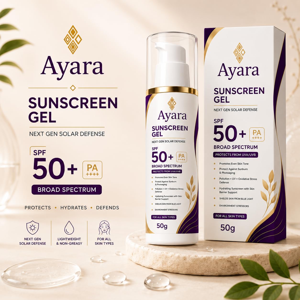 Ayara Sunscreen Gel SPF 50+ PA++++ | Broad Spectrum | 50 g