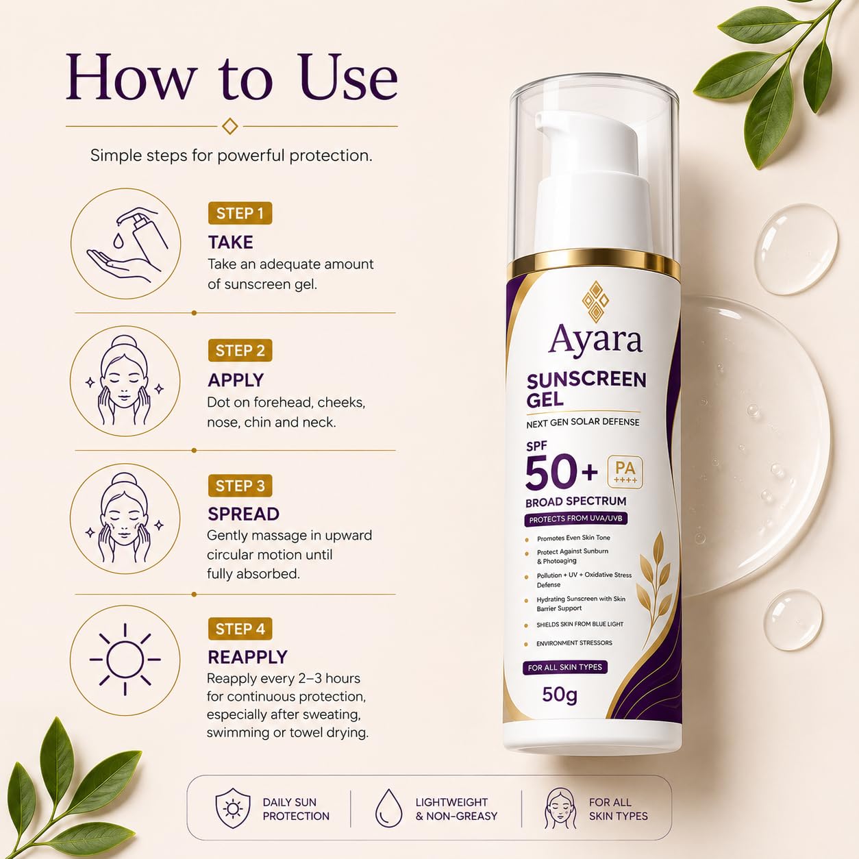 Ayara Sunscreen Gel SPF 50+ PA++++ | Broad Spectrum | 50 g