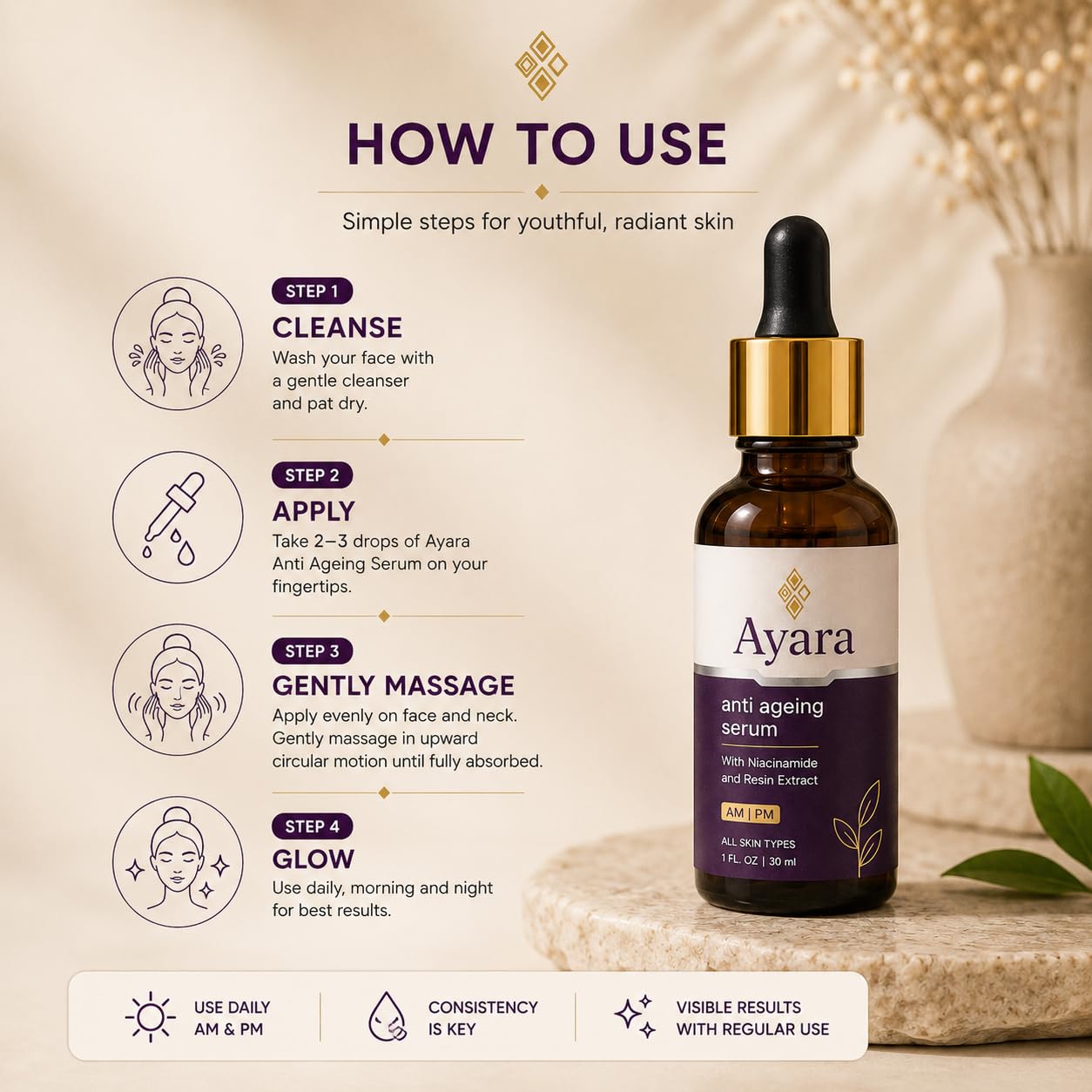 Ayara Anti Ageing Face Serum | Niacinamide & Resin Extract | AM & PM | 30 ml