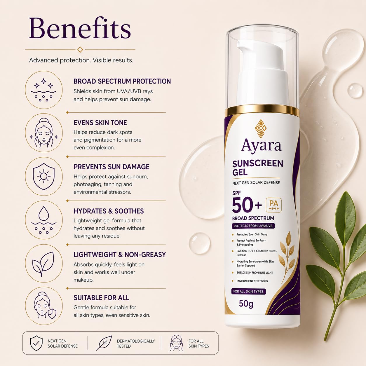 Ayara Sunscreen Gel SPF 50+ PA++++ | Broad Spectrum | 50 g