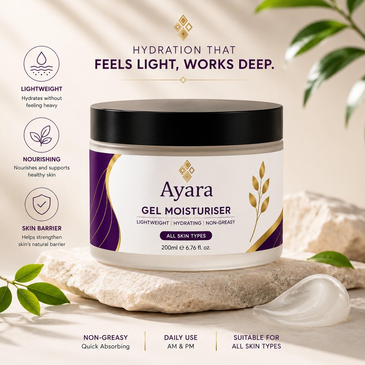 Ayara Gel Moisturiser | Lightweight Daily Face Moisturiser | All Skin Types | 200 ml