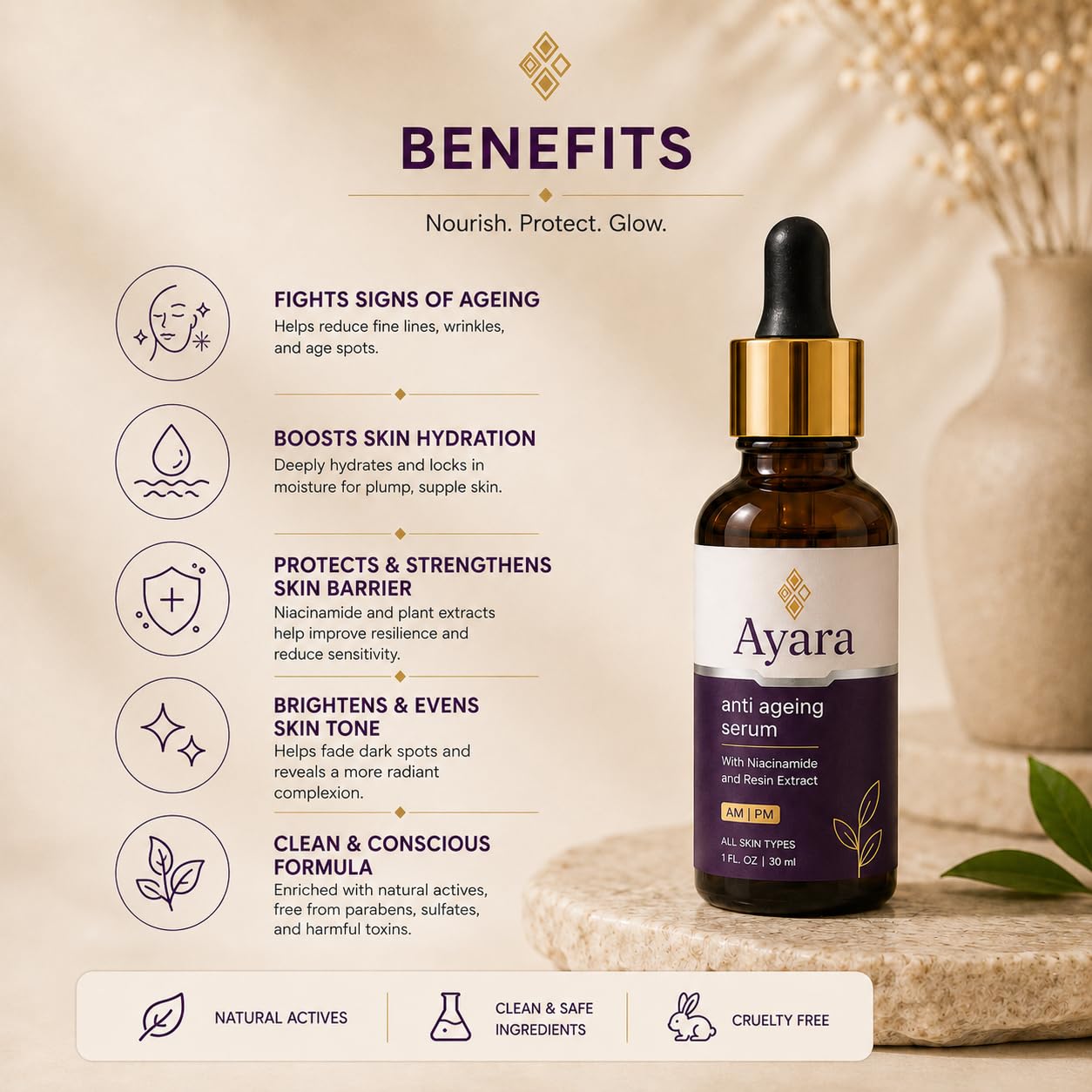 Ayara Anti Ageing Face Serum | Niacinamide & Resin Extract | AM & PM | 30 ml