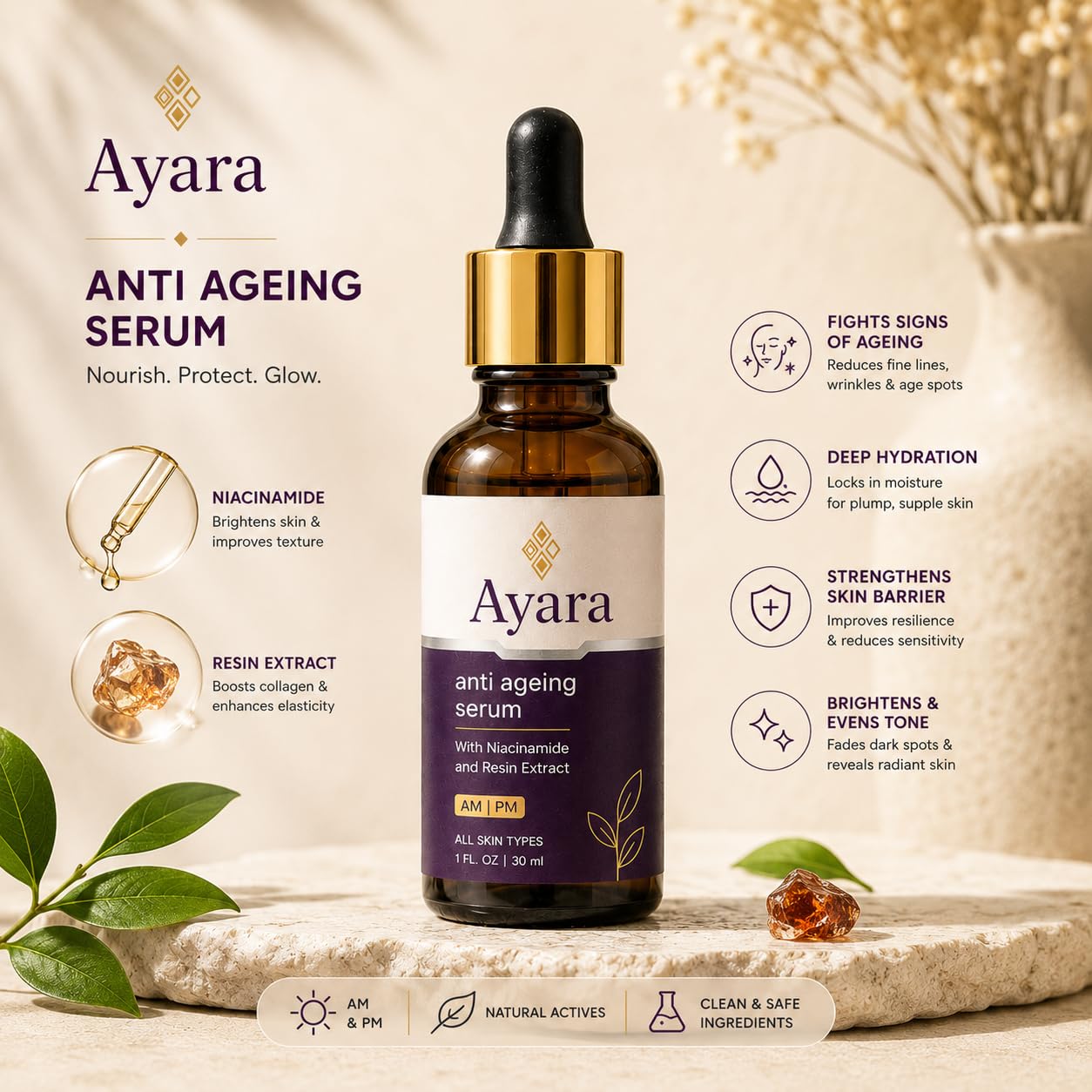 Ayara Anti Ageing Face Serum | Niacinamide & Resin Extract | AM & PM | 30 ml